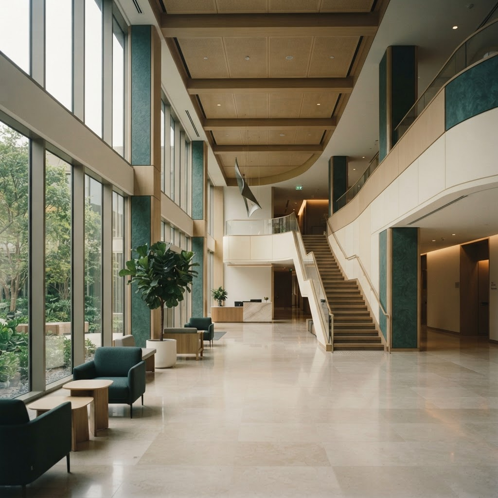 A calm, light-filled modern hospital atrium